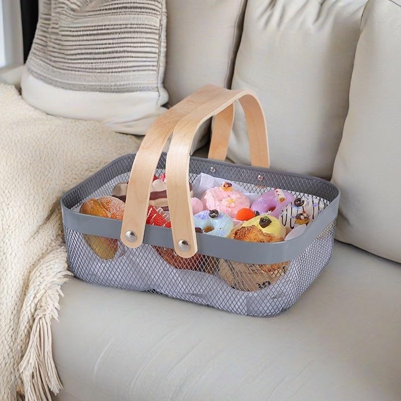 AJIODA Metal Mesh Steel Basket, Storage Organizer Basket Garden Harvest Basket Multi-functional Kitchen Fruit Baskets Bin with Wooden Handle for Bathroom Picnic Shopping Decor Cabinet Home, Grey - Image 5